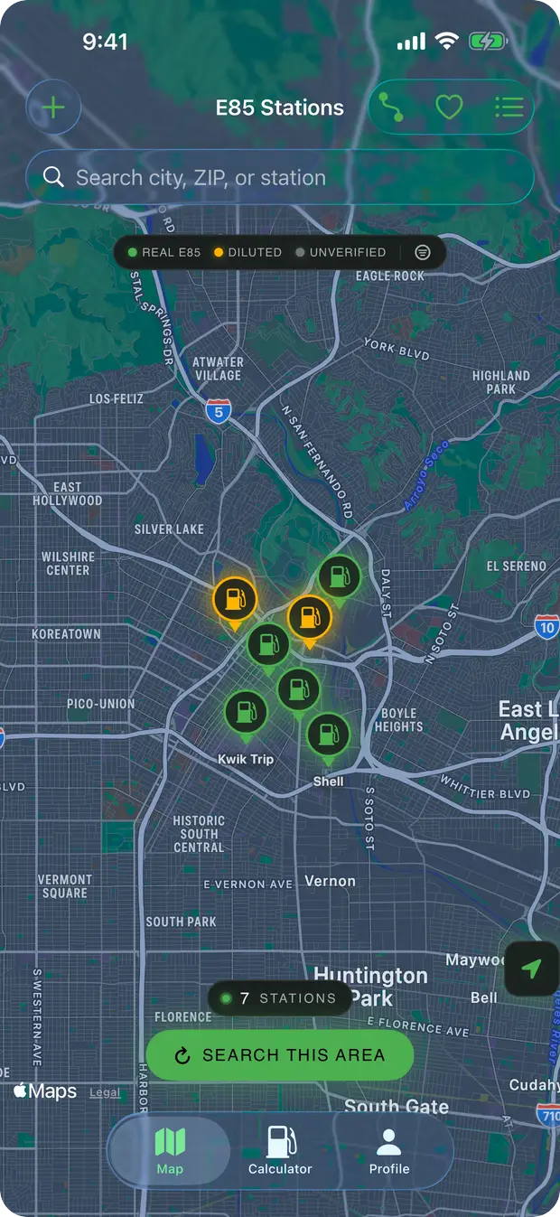 E85 App Ethanol Truth Map showing E85 stations color-coded by verified ethanol content.