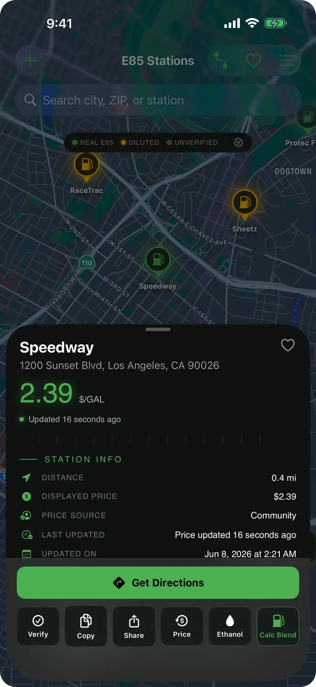 E85 App station detail screen with a freshness-dated E85 price and community reports.